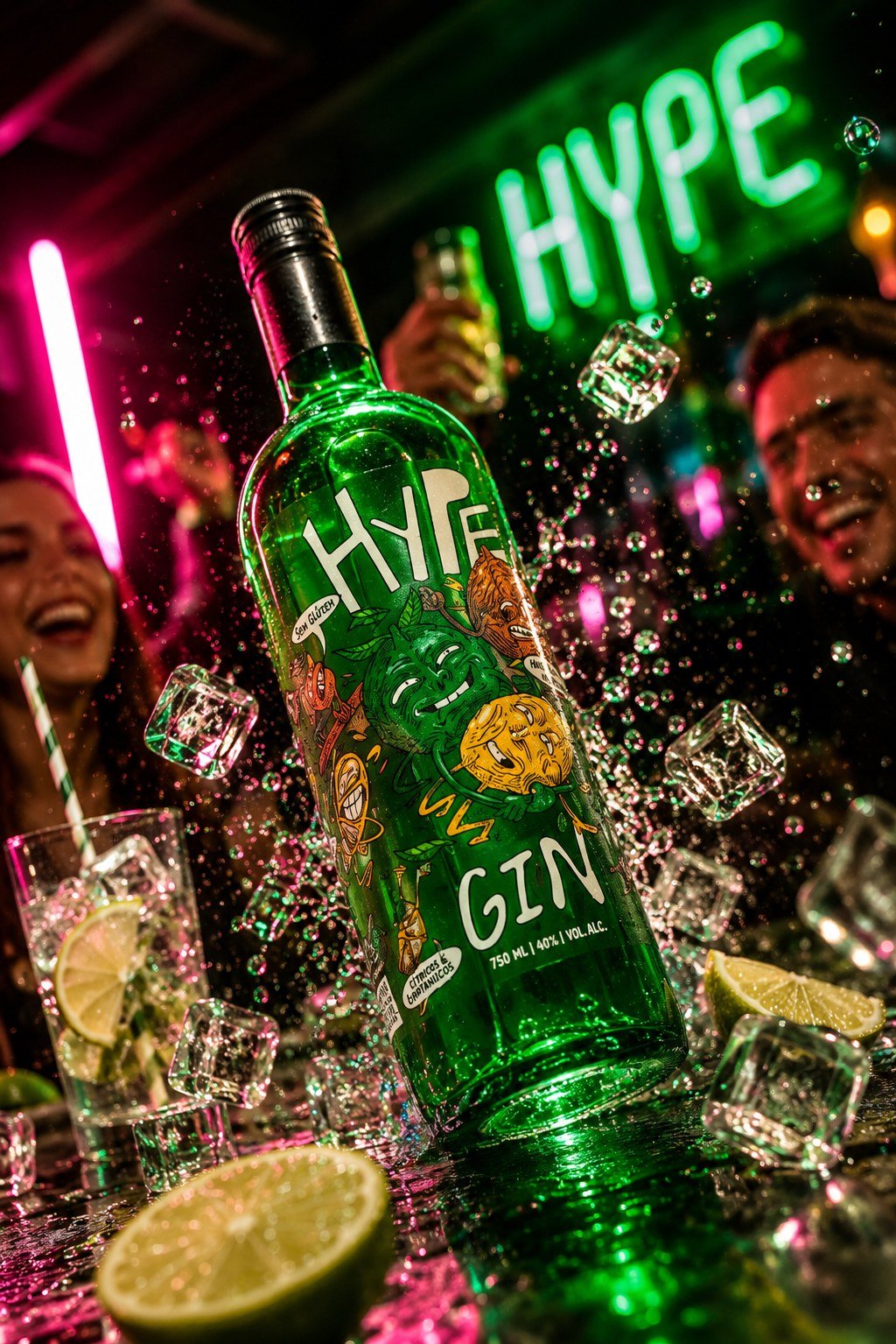 Hype Gin em bar com neon verde, respingo de água e gelo